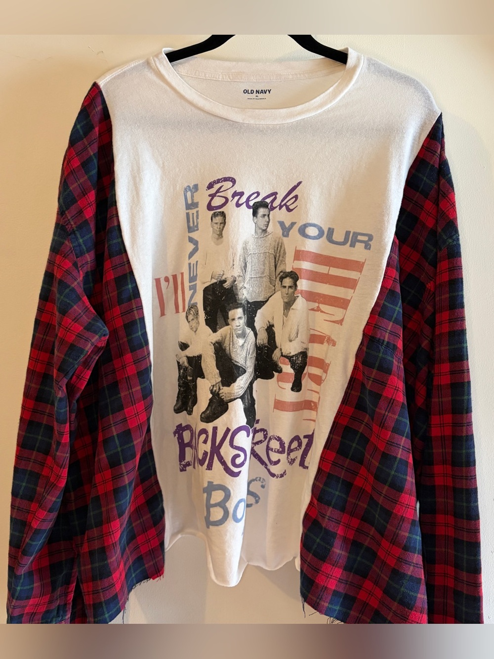 White Backstreet Boys Upcycled Plaid Sleeve Women’s XL Oversized Graphic Tee 90s